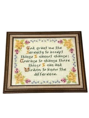 VTG Serenity Prayer Wood Frame Needlepoint Artwork Message Embroidered Handmade